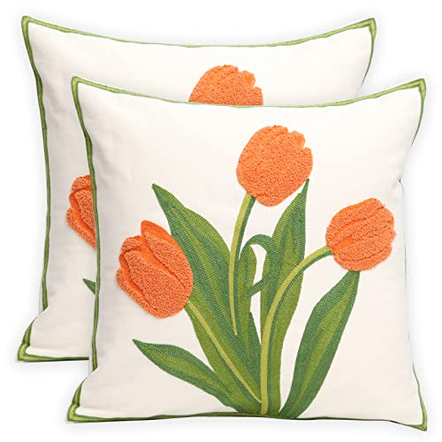 Pack of 2 Embroidered Decorative Throw Pillow Cover 18x18 Inch Farmhouse Floral Pillowcase for Living Room Sofa Bed (Orange Tulip) - color: Orange Tulip