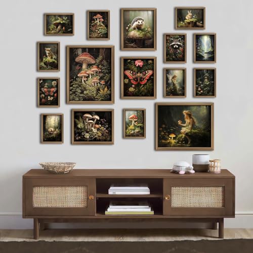 ANERZA 16 PCS Dark Cottagecore Wall Art Decor, Cottage Core Gallery Wall Prints for Bedroom, Fairycore Posters for Living Room Aesthetic, Nature Forest Mushroom Collage Kit, Whimsical Dorm Home Decor - color: DarkOliveGreen, size: 11"x14" Unframed