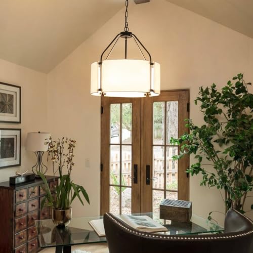 Drum Chandeliers, 18'' Drum Pendant Light Fixture with White Linen Fabric Shade, White Chandelier Adjustable Modern Farmhouse Hanging Lights for Dining Room Bedroom Kitchen Foyer Entryway - color: 18Inch White&Black