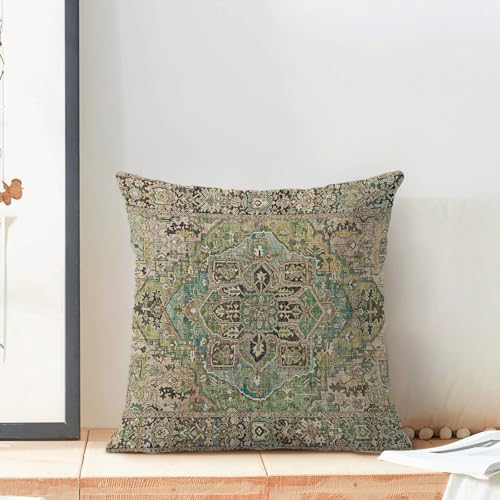 Boho Pillow Covers 18x18 Set of 2 Ethnic Sage Green Carpet Throw Pillow Covers Bohemian Style Vintage Rug Pillowcase Farmhouse Linen Cushion Case for Home Sofa Couch Outdoor Decor - color: Boho-green-b, size: 18" x 18" (Pack of 2)