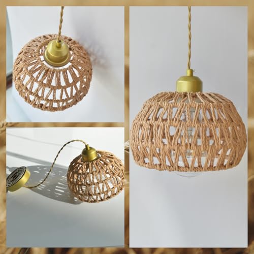 Boho Rattan Pendant Light, Adjustable Hanging Light Fixture with Natural Woven Shade, E26 Base Compatible for Kitchen Island, Bedroom, Living Room (Bulb Not Included) - color: 7.5”hemispherical shaped