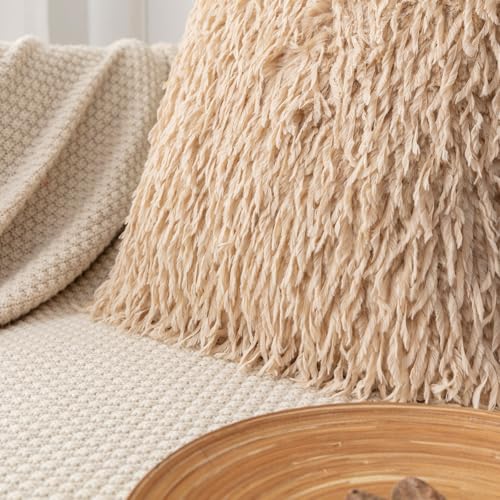 Decorative Throw Pillow Cover for Couch Sofa Fluffy Textured Square Cushion Case Shaggy Fringe Design Living Room Bedroom - color: Khaki Noble Consort Velvet Pillowcase