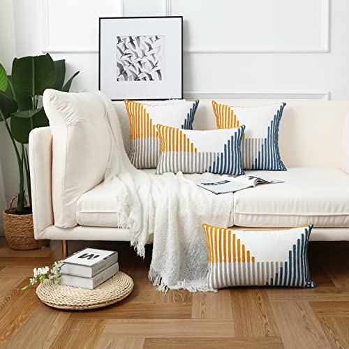 Modern Striped Embroidered Throw Pillow Covers 16x16 Set of 2 Textured Tufted Patterned Cotton Boho Pillow Covers Spring Decorative for Couch Bed Living Room Outdoor Yellow and Blue - color: Yellow and Blue, size: 16" x 16" (Pack of 2)