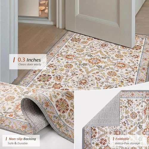 MINIDEAR 2x3 Area Rugs for Entryway Kitchen, Washable Rug Small Accent Rugs for Bedroom Non Slip Vintage Rug with Floral Print Thin Carpet Mat for Home, Daisy Gray - color: 03gray-orange, size: 2' x 3' (Rectangular)