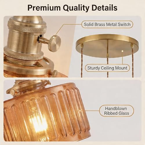 Amber Striped Glass Pendant Light, 3 Natural Light Bulbs Included, Adjustable Cord with Switch, Suitable for Kitchen Island/Dining Room - color: Amber 3pcs Ribbed Glass Pendant Light