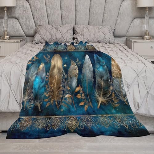 Blanket Bohemian Feather Leaf Blue Throw Blanket for Women Men, 40"x50" Galaxy Star Ornament Plush Flannel Throws, Decor for Bed Couch Bedroom - color: Bohemian Feather Leaf Blue, size: 40"x50"
