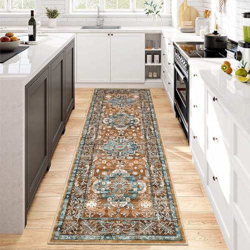 Pauwer Boho Hallway Runner Rug 2x6 Washable Entryway Area Rugs Non Slip Farmhouse Vintage Floor Mat Carpet Runner for Hallways Laundry Room Kitchen Bathroom Bedroom - color: Vintage Rust Teal, size: 2' x 6' (Runner)