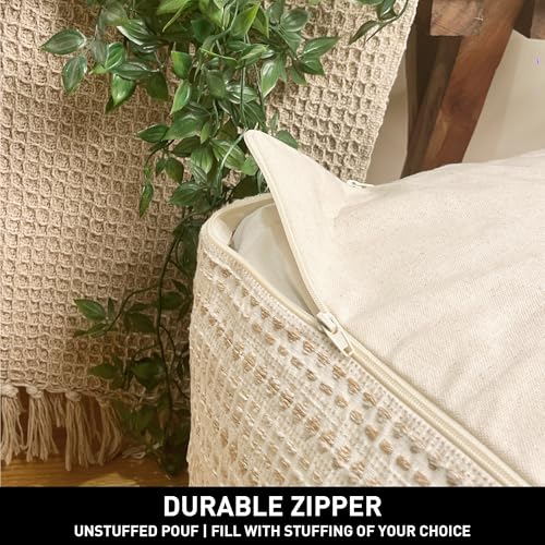 Chardin home Unstuffed Ottoman, Cozy & Bohemian Pouf Covers, Hand Crafted Casual Seating, Footrest, Square Floor Pillow for Home, Office, Bedroom, Living Room, 16.5" x 16.5"x 12.9", Beige-Off White - color: Beige-cream, size: 16.5"D x 16.5"W x 12.9"H
