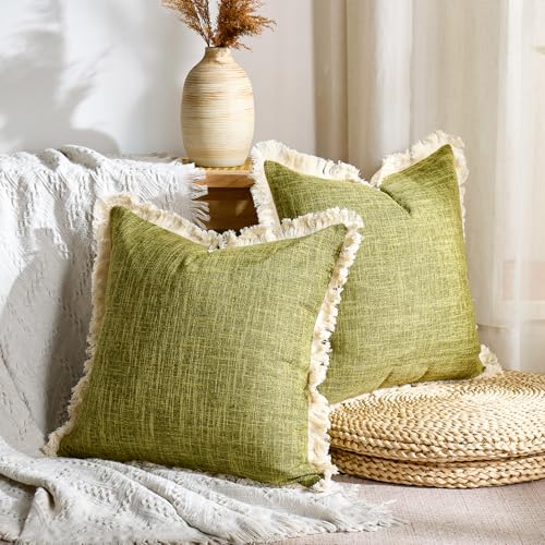 Green Faux Linen Throw Pillow Covers 18x18 Inch with Tassels Fringed Boho Farmhouse Decorative Pillowcases Rustic Woven Textured Burlap Cushion Covers for Couch Chair Sofa Bed Living Home Decor - color: Green, size: 18" x 18" (Pack of 2)