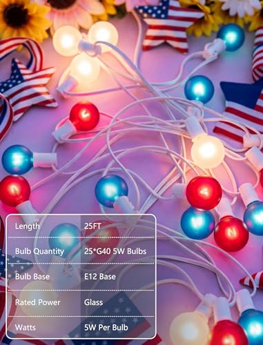 SUNSGNE 25FT G40 Red White and Blue String Lights Outdoor, Frosted Globe 4th of July Lights, Waterproof Connectable Patriotic Light for July 4th Independence Day, Memorial Day - color: Frosted Red White Blue-White, size: 25 Ft