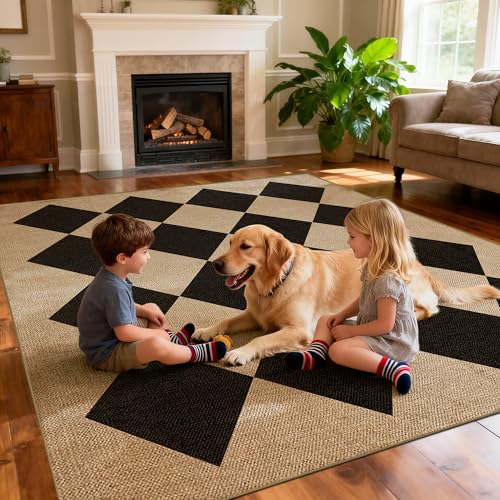 Washable Checkered Easy Jute Rug 5x7, Black Checkerboard Geometric Modern Outdoor Indoor Patio Large Rugs, Woven Thin Carpet Mat for Living Dining Room Bedroom Classroom Kids Nursery Play Room - color: Checkerboard -3 Nature Black, size: 5' x 7'