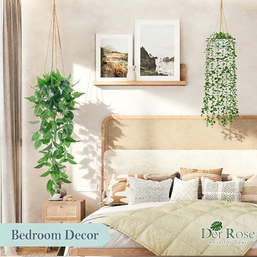 Der Rose 4Pcs Fake Plants Hanging Artificial Ivy Vine Faux Eucalyptus Hanging Plants, Boston Fern, String of Pearls for Living Room Bedroom Boho Wall Shelf Indoor Outdoor Decor (White Pots) - color: White Pots-4pcs