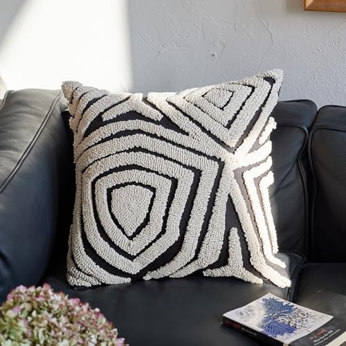 Retro Random Embroidery Stripe Throw Pillow Cover，Black White Boho Abstract Tufted Decorative Pillow Case，Neutral Aesthetic Modern Woven Sham for Bed Couch Living Room, 18x18 inches,1PCs - color: Black-a