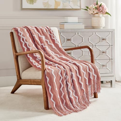 BOURINA Fluffy Chenille Knitted Fringe Throw Blanket Lightweight Soft Cozy for Bed Sofa Chair Throw Blankets, Coral Pink 50" x 60" - color: A-coral Pink, size: 50"×60"
