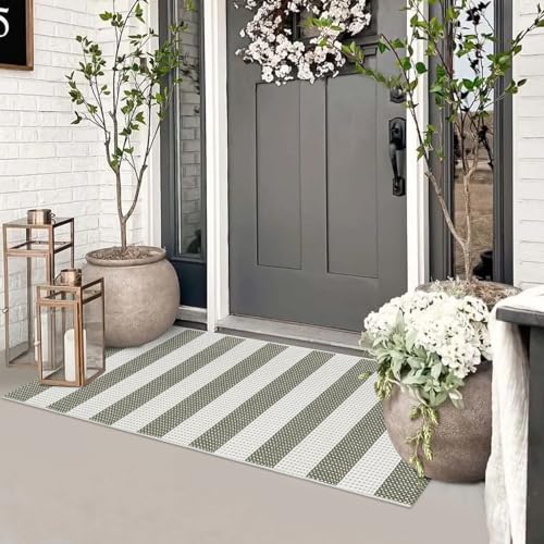 Boho Striped Front Door Mat Outside Entrance 2x4.3,Green and White Washable Porch Rug Runner,Cotton Hand Woven Indoor Outdoor Rugs,Foldable Farmhouse Layered Door Mats for Entryway - color: Green, size: 2'x4.3'