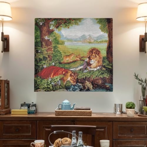 AureoMadis Medieval Tapestry Wall Hanging | Lined Woven Jacquard Forest Lion & Knight Art with Rod Pocket | Vintage Gothic Decor for Living Room - 28.5" x 27" - color: Earthy：Fantasy Lion