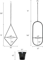 Modern Metal Hanging Planters Set of 2 - Geometric Diamond and Oval Plant Hangers with 5 inch Pots - Black Wall or Ceiling Mount Flower Holders for Indoor and Covered Outdoor Décor