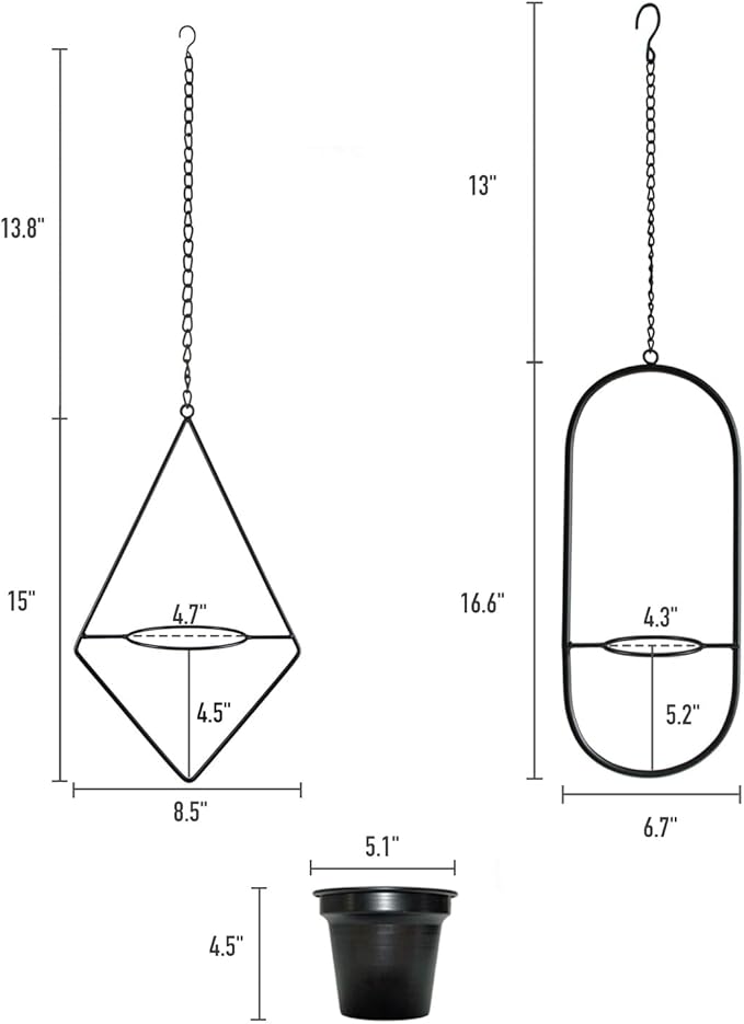 Modern Metal Hanging Planters Set of 2 - Geometric Diamond and Oval Plant Hangers with 5 inch Pots - Black Wall or Ceiling Mount Flower Holders for Indoor and Covered Outdoor Décor