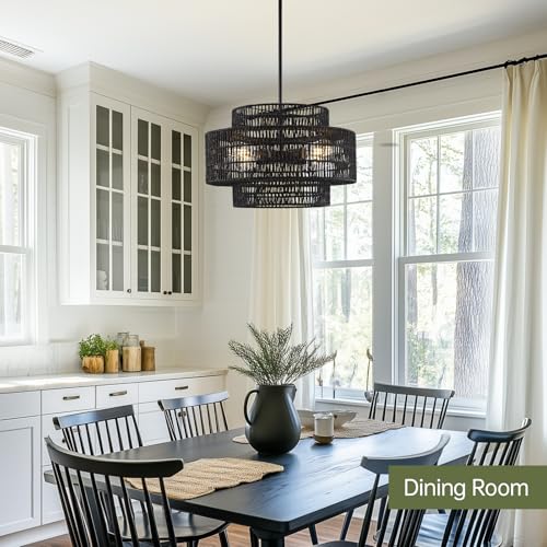 4-Light Black Boho Rattan Chandelier Light Fixture, 17.7” Hand Woven Rustic Chandeliers Farmhouse Chandelier Hanging Light for Dining Room Kitchen Island, Living Room, Foyer - color: Black, size: 17.7" 4-Light