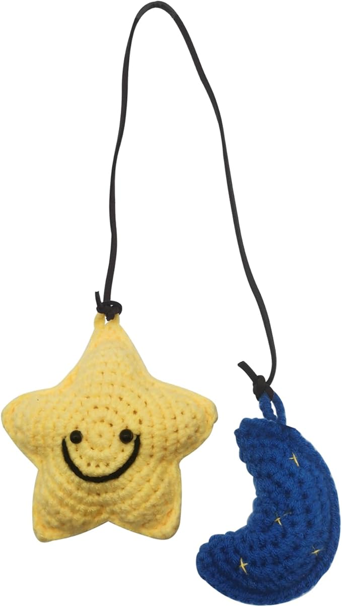 Car Rearview Mirror Hanging Ornament, Crochet Flower Basket Plant Accessories, Handmade Knitted Car Ornament Boho Accessories for Women (Star and Moon)