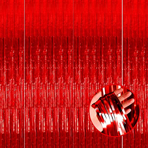 4 Pack Red Foil Fringe Curtain Backdrop, 3.28Ft x 8.2Ft Metallic Tinsel Foil Fringe Streamer for Party, Photo Booth Props, Birthday, 2022 Mother's Day Decoration Party Supplies - color: Red