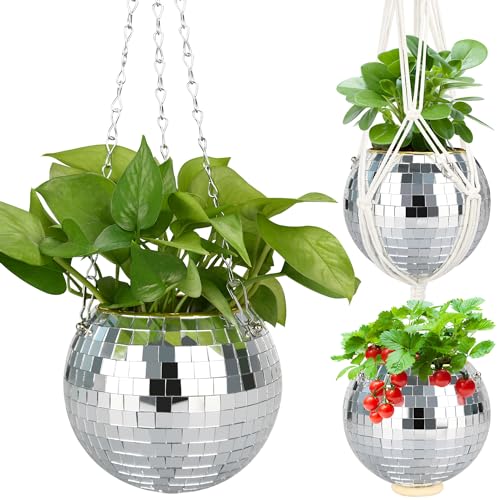 6" Disco Ball Planter, Disco Ball Plant Hanger with Hanging Rope, Hanging Chain, Hook, Circle and Extra Mirror Pieces - color: 1×6" Silver