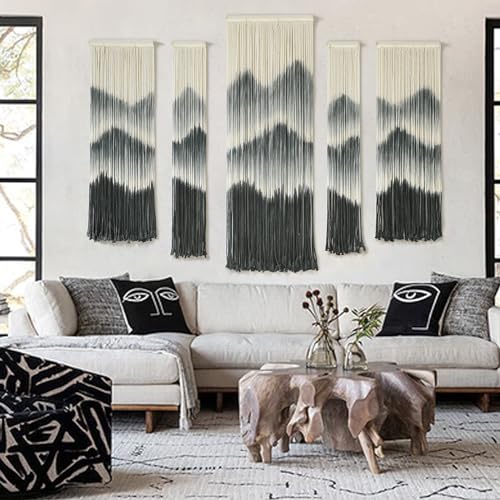 IOWER Large Macrame Wall Hanging 5Pcs Handmade Dip-Dyed Mountain Wall Decor Combination Suspension Bedroom Living Room Modern Fiber Yarn Wall Art - color: black1