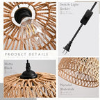 Brown Rattan Light Fixture 15ft Plug In Pendant Light Woven Pendant Light Boho Chandelier Wicker Pendant Light Boho Pendant Light Plug In for Dining Room Kitchen Island Bedroom(Bulb Incl.) - color: 12.2" Natural Plug In