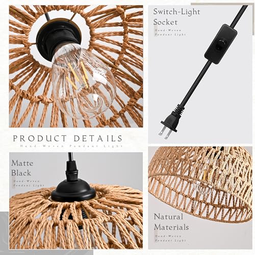 Brown Rattan Light Fixture 15ft Plug In Pendant Light Woven Pendant Light Boho Chandelier Wicker Pendant Light Boho Pendant Light Plug In for Dining Room Kitchen Island Bedroom(Bulb Incl.) - color: 12.2" Natural Plug In