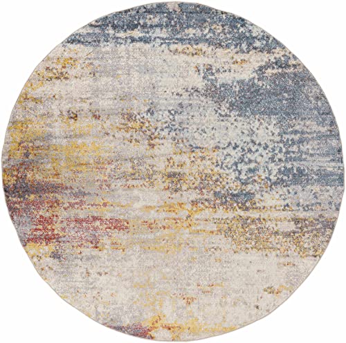 BoutiqueRugs Light Gray Abstract 5ft Round Area Rug Contemporary Mustard Ice Blue Navy Alexandra Living Room Bedroom Dining Room Home Office Apartment 5'3" Round Stain Resistant Non-Shedding - color: Gray/Mustard, size: 5'3" (Round)