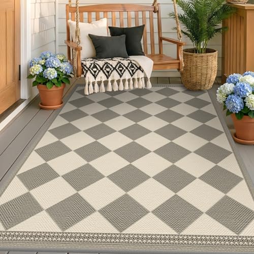 Diamond Corner Easy Jute Rug 4x6, Large Checkered Farmhouse Indoor Outdoor Patio Carpet for Backyard, Porch Decor, Low Profile Washable Non Slip Light Gray Area Rug for Living Room, Bedroom, Entryway - color: Beige Gray, size: 4' x 6' (Rectangular)