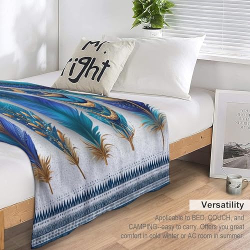 Blanket Boho Feather Gold Ornament Throw Blanket for Women Men, 30"x40" Blue Geometric Pattern Border Plush Flannel Throws, Decor for Bed Couch Bedroom - color: Boho Feather Gold Ornament, size: 30"x40"