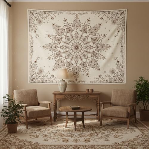 Accnicc Boho Floral Mandala Tapestry Wall Hanging Bohemian Beige Flower Tapestry Aesthetic Hippie Indian Small Tapestries for Bedroom Living Room Dorm Decor 60 x 44 Inch - color: Beige White, size: 60"L x 44"W