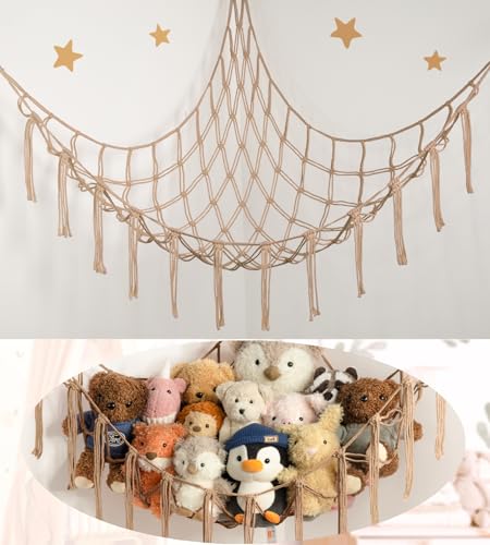 Stuffed Animal Storage Hammock or Net Corner - Large Toy Hammock Net for Stuffed Animals Room Decor - Cute Stuff Animal Organizer Plush Holder - Kids Baby Nursery Essentials Wall Bedroom Home Decor - color: Flaxen, size: Standard(41.5"L x 55.2"W x 41.5"H)