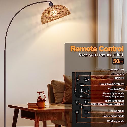 Brilvibera Boho Floor Lamp with Remote- Arc Tall Lamps, Bronze Floor Lamps with Stepless Dimmable Bulb, Hand-Worked Adjustable Rattan Lampshades, Brown Rattan Standing Lamp - style: Bronze Rattan Arc Lamp