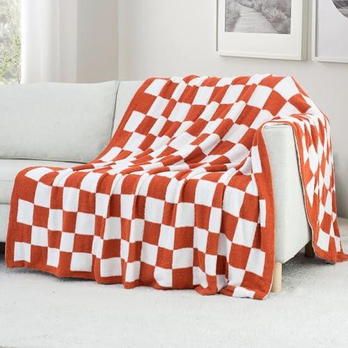 Carriediosa Checkered Throw Blanket 90" X 90" Queen, 400GSM Ultra Soft Microfiber Fuzzy Fluffy Reversible Cute Preppy Knitted Blankets Cozy Plush Fall Throws for Couch, Bed, Sofa, Rust - color: Check - Rust, size: 90" X 90"