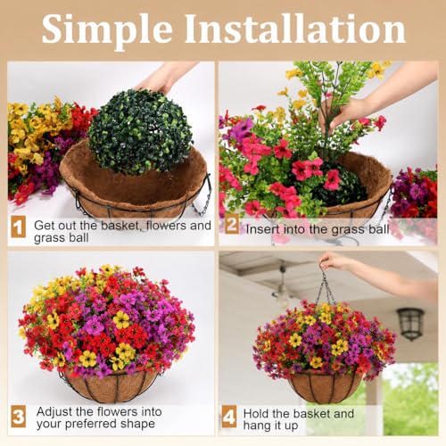 Geegoods 2 Pack Artificial Hanging Flowers for Outdoors, 24 Pcs UV Resistant Faux Mums Flowers with 2 Hanging Baskets, Fake Hanging Plants for Front Porch, Patio, Balcony, Yard and Garden Decor - color: Mix 4 Colors-2packs, size: 2 Packs