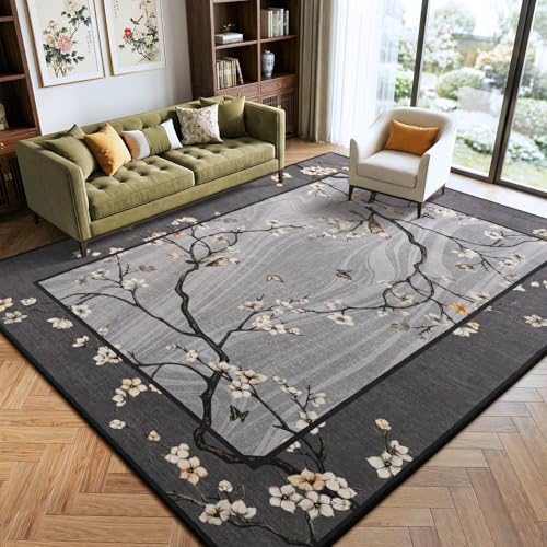 4x6 Area Rug for Living Room, Oriental Floral Birds Washable Rugs for Bedroom, Soft Low Pile Non Slip Carpet for Dining Room Kids Room Nursery Office Home Decor, Grey - color: Grey, size: 4' x 6' (Rectangular)