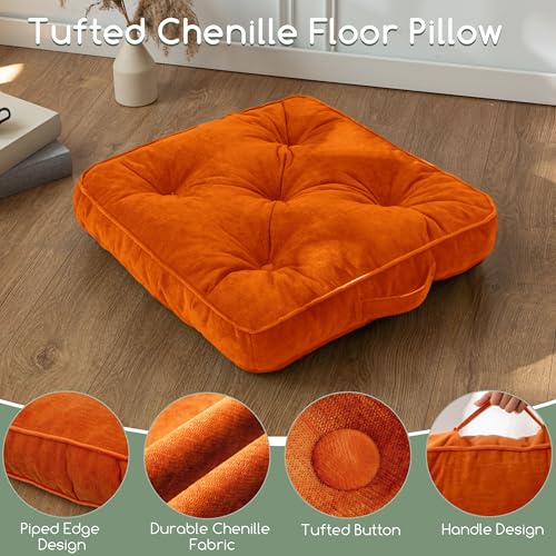 HIGOGOGO Large Floor Pillow Cushion for Adults, Meditation Cushion Pillow with Handle, Lustrous Chenille Tufted, Square Floor Sitting for Tatami Living Room or Yoga, 22x22 Inch, Orange - color: Square Orange, size: 4" Thick(Pack of 1)