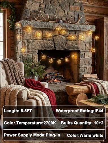 Oviejo 8.5FT LED Patio String Lights, Waterproof Outdoor Lantern String Lights with 12 Bulbs, Beaded Copper Wire Ball Style, Connectable Yard Garden Bistro Party Lights, Warm White - color: Brown Beaded Copper Wire Ball