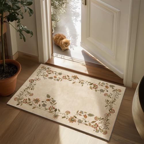 2x3 Washable Small Rug for Entryway: Door Mat Indoor Entrance Stain Resistant Non Slip Rubber Backed Low Pile Soft Throw Area Rugs for Bedroom Kitchen Front Door Indoor Entrance Foyer Entry - color: Edge Floral Cream Brown, size: 2' x 3' (Rectangular)