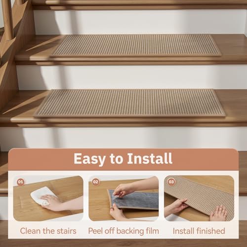 15PC Jute Stair Treads for Wooden Steps-Non Slip Peel and Stick Stair Treads Indoor, Adhesive Staircase Step Treads Residue Free, Cat-Friendly & Scratch-Resistant Durable Stair Runner Rug,8"x30" Beige - size: 8"x30"