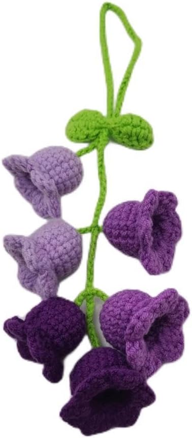 Car Rearview Mirror Hanging Ornament, Crochet Flower Basket Plant Accessory, Handmade Knitted Car Ornament Boho Accessory for Women (Lily of The Valley(Purple))