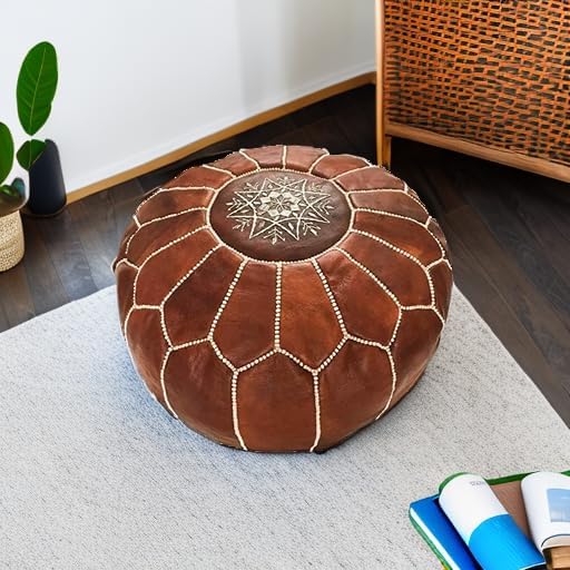ARTOUARZAZATE Premium Moroccan Leather Ottoman Pouf Cover, Ottoman Footstool Hassock 100% Real Natural Leather pouffe, Home Gifts, Wedding Gifts, Foot Stool (Dark Brown)