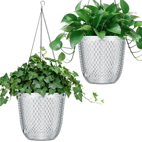 QCQHDU Hanging Planters for Indoor Plants, 2-Pack, 5.7 Inch, Clear | Plastic, Self Watering Plant Hanger, with Drainage Holes, 3 Hooks Chains, For Garden Home - color: Clear, size: 5.7in