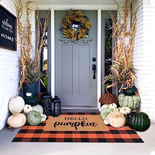 Orange and Black Plaid Rug, 3' x 5' Fall Outdoor Front Door Decor Mat, Cotton Washable Hand-Woven Rug for Layered Doormat, Autumn Halloween Thanksgiving Carpet for Porch, Entryway - color: Orange & Black Plaid, size: 3' x 5' (Rectangular)