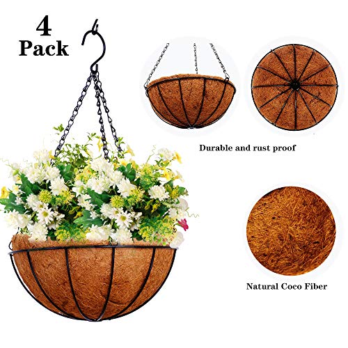Hanging Baskets for Plants Outdoor(12 inch 4 Pack)- Coconut Coir Hanging Planters Outdoor,Metal Wire Baskets with Coco Liner, Hanging Pots for Plants Indoor, Flower Pots for Railings - size: 12 Inch