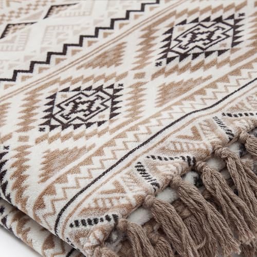 CASAAGUSTO Boho Throw Blanket with Tassel, Farmhouse Western Flannel Bohemian Blanket, Vintage Native Mexican Decorative Throw, Ideal for Gifting (50x60 Inches, Brown White) - color: Brown White, size: 50X60