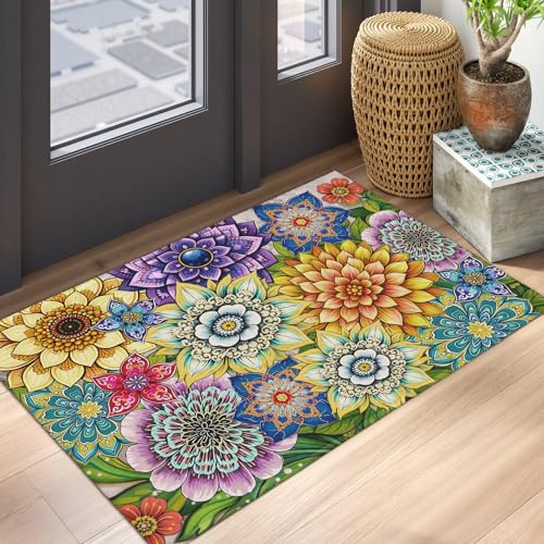 Boho Floral Area Rug 2x3 Colorful Mandala Flower Front Door Mat Low Pile Small Entryway Rugs Washable Non-Slip Indoor Outdoor Farmhouse Throw Carpet for Living Room Bedroom Home Decor - color: Boho Floral