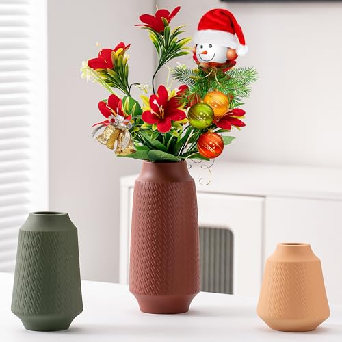 Ceramic Vase Set of 3, Modern Multicolor Pattern Flower Vases for Home Decor, Office, Centerpieces, Boho Farmhouse Style (Red/Green/Orange) - color: Terracotta, Sage Green, Sand-vt2